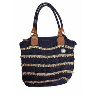 The Sak Navy Crochet Shoulder Tote Bag Boho Tribal Stripe Large